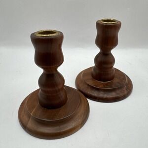 Vintage Pair of Turned Solid Walnut Taper Candlestick Holders Ozark MO Primitive